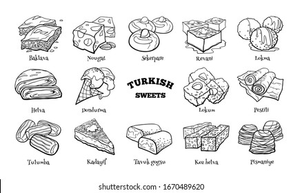 Doodle set of Turkish sweets. Hand drawn sketch of traditional desserts. Vector illustration on white background.