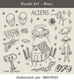 doodle set with UFO and aliens