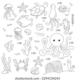 Doodle set of underwater animals. Underwater world. Sea bottom. 
 Octopus, crab, jellyfish, fish, corals, seaweed. Hand drawn elements. Line art.
