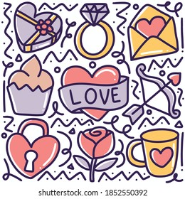 doodle set of valentine day hand drawing with icons and design elements