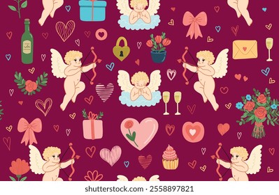 Doodle set for valentine's day with angels, flowers, hearts and gifts. Handmade design elements. Stickers.