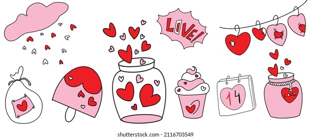 doodle set for valentine's day, birthday, wedding, heart, love, ice cream, cake, jar and garland with hearts
