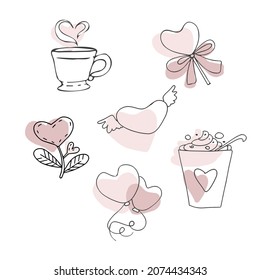 Doodle set for valentine's day of simple elements, hand drawn cute elements in boho style. Hearts, flowers, sweets