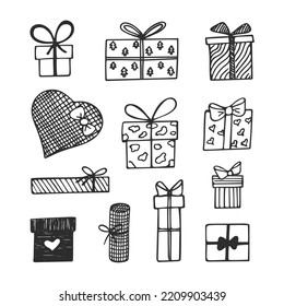 Conjunto de dibujos y modelos de varias cajas de regalo. Presente lindo en diferentes formas. Ilustración vectorial aislada en fondo blanco.