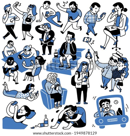 Doodle set of various people using smart phone in many ways, multi-ethnic, group, men and women, adult and teen. Hand drawn sketch, cute and funny character. 