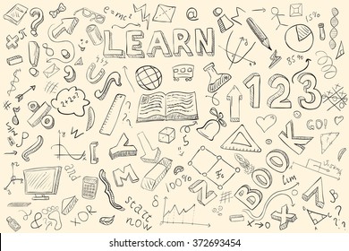 Doodle set. Various school stuff - supplies for sport, art, reading, science, geography, biology, physics, mathematics, astronomy, chemistry. Vector isolated over white background.