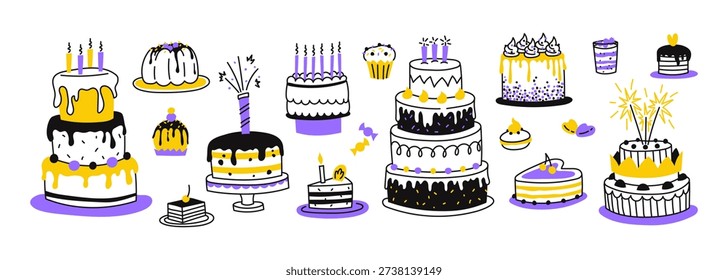 Doodle set of various sweets, cakes, and pastries. Delicious dessert. Food. Vector color line illustration