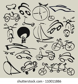 Doodle set of various vehicles, bicycle, cars, scooters, ships, sail