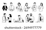 A doodle set of vector business people, characters, men and women. Office workers, engaged in various activities. Diversity. Outline, line, and line art, hand-drawn.