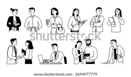 A doodle set of vector business people, characters, men and women. Office workers, engaged in various activities. Diversity. Outline, line, and line art, hand-drawn.