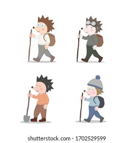 Doodle set vector with hedgehog traveler in cartoon style. Animal illustration. Character hedgehog carries a backpack. Isolated on white background