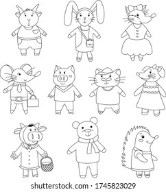 Doodle set vector illustration with animals: goat, rabbit, fox, mouse, pig, cat, dog, hedgehog, cow, bear. Animals in clothing with accessories.