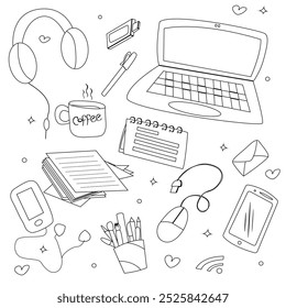 Doodle is a set of vector images of things for office and school work. Black and white set.