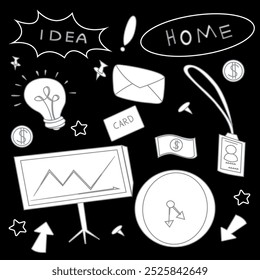 Doodle é um conjunto de imagens vetoriais de coisas para trabalho de escritório e escola. Conjunto preto e branco.