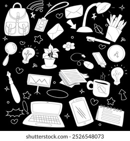 Doodle is a set of vector images of things for office and school work. Black and white set.