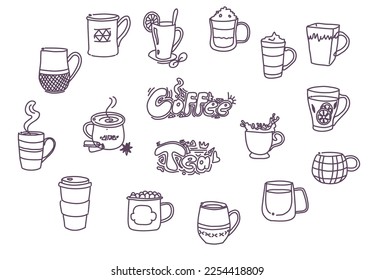 Doodle set of vector line icons related to coffee and tea. Hand draw lettering Coffee Tea. A collection of various cups decorated with vector hand draw illustration design elements.
