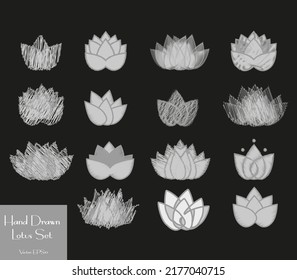 Doodle set of vector lotus flower icons. Scribble water lilly flowers, white images on black. Original collection of lotus web icons. Symbolic elements for logo design