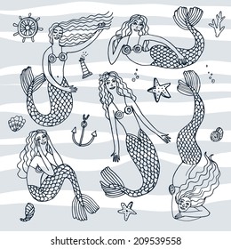 Doodle set of vector mermaids