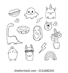 Doodle set of vector stickers, food and animals characters, dinosaur, rainbow, jellyfish, lips, unicorn, lightning, avocado, llama, monster, pineapple, bunny, cactus, donut. Diary stickers