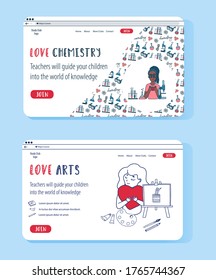 Doodle set of vector website templates for online education. Chemistry science and Arts clubs for children. Home education for kids.
