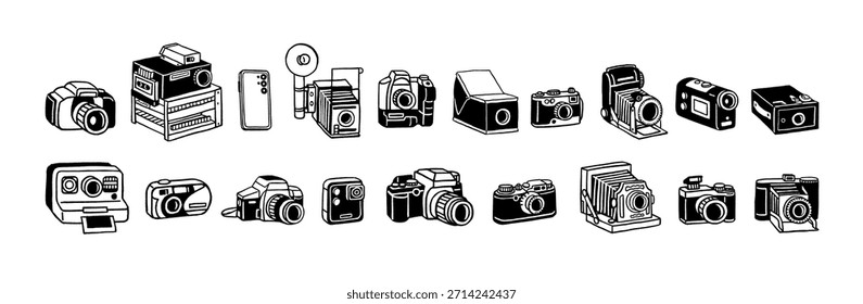 Doodle set of video and photo camera evolution. Development from old and retro photocamera to modern. Different videocamera in history. Flat isolated outline vector illustrations on white background