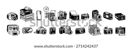 Doodle set of video and photo camera evolution. Development from old and retro photocamera to modern. Different videocamera in history. Flat isolated outline vector illustrations on white background