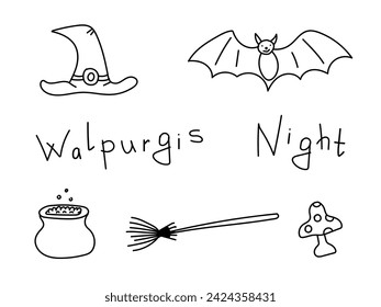 Doodle set is a Walpurgis Night celebration. Broom,fly agaric,bat,Potion pot, witch hat