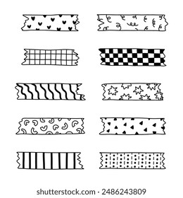 Doodle set of washi tape stripes with squiggle, geometry and cute pattern. Adhesive tape with black and white ornament. Trendy decorative scotch tape with ragged edges for scrapbook, planner, design.