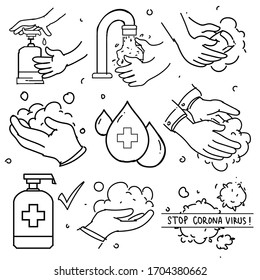 Doodle Set of Washing Hands. Contains such Icons as Washing Instruction, Antiseptic, Soap and more. Prevention from Corona virus.