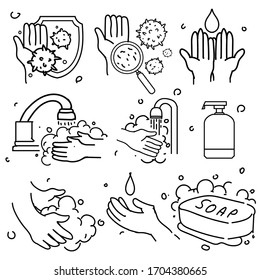 Doodle Set of Washing Hands. Contains such Icons as Washing Instruction, Antiseptic, Soap and more. Prevention from Corona virus.