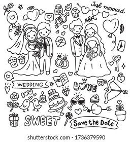 Doodle set of wedding cartoon style isolate on white background