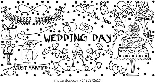 Doodle set Wedding Day with text Love you, Just married. Monochrome vector hand drawn illustration done in black and white colors. Isolated on white background