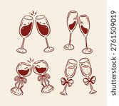 Doodle set of wine and champagne glasses toasting, minimal line art for celebration and wedding concept.