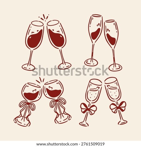 Doodle set of wine and champagne glasses toasting, minimal line art for celebration and wedding concept.