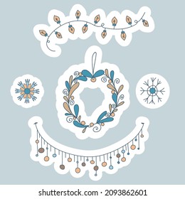 Doodle set winter decoration. Linear light bulbs, garland of lanterns, wreath of leaves and snowflakes. Winter Hygge. Vector illustration in Scandinavian, Nordic style. Hand drawn and Sticker design.