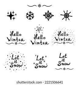 Conjunto de dibujos de invierno y dejar que nieva frases y cita líneas de contorno negras sobre blanco. Caligrafía vectorial, copos de nieve, nieve, estrellas, divisores, lindo estilo dibujado a mano para tarjetas de felicitación, vacaciones.