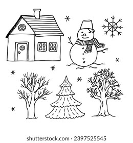 Doodle set of winter object such as tree, snowman, house on white background.