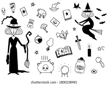 Doodle set of witches with spooky cute stuff on white background. Vector illustrations drawn by hand witchcraft elements for halloween decorations. 