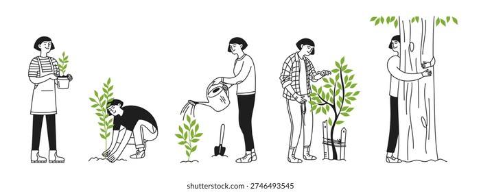 A doodle set of a woman growing and caring for a plant at different stages. Eco-concept, nature. Tree, sprout, and people. Vector linear illustration.