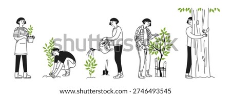 A doodle set of a woman growing and caring for a plant at different stages. Eco-concept, nature. Tree, sprout, and people. Vector linear illustration.