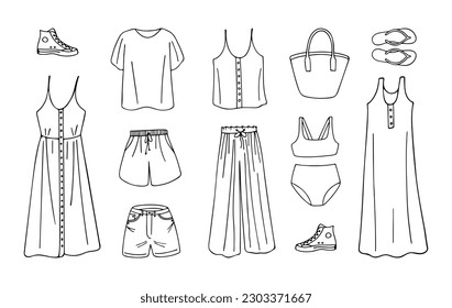 Doodle set of woman summer clothes isolated on white background. Vector illustration of vacation wardrobe. Good for coloring book. Summertime design elements.