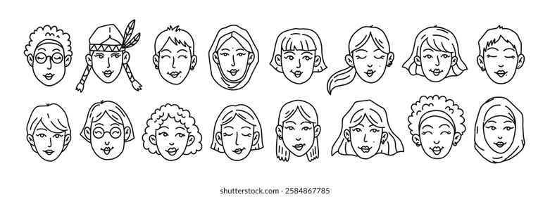 Doodle set of Women different nationalities and cultures line art illustration. Vector Hand drawn faces sketch, black and white ink. International Womens Day