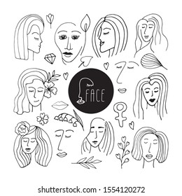 Doodle set with women faces. International Women's Day. Feminism concept design. Vector illustration for card, poster, modern design.