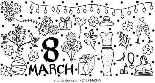 Doodle set Womens Day with text 8 March. Cute vector hand drawn illustration done in black and white colors. Isolated on white background