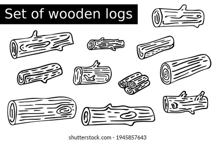 Doodle set of wooden logs. Straight and gnarled thick tree trunks lie. Black line art stack of stems. Vector chopped firewood for kids camping. Clipart for forest icon, ecology designs, wildlife, park