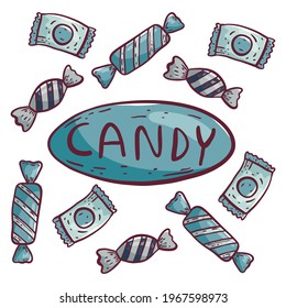 Doodle set of wrapped candies and lollipops. Pop-up inscription with hand lettering
