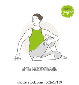 Doodle set of yoga workout, Ardha Matsyendrasana, sport exercises - hand-drawn. Vector sketch illustration isolated, colorful.