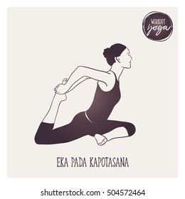 Doodle set of yoga workout, Eka Pada Kapotasana, sport exercises - hand-drawn. Vector sketch illustration isolated, colorful.