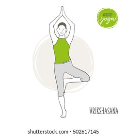 Doodle set of yoga workout, Vrikshasana, sport exercises - hand-drawn. Vector sketch illustration isolated, colorful.
