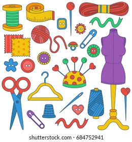 Doodle sewing icons vector set colorful hand made hobby collection